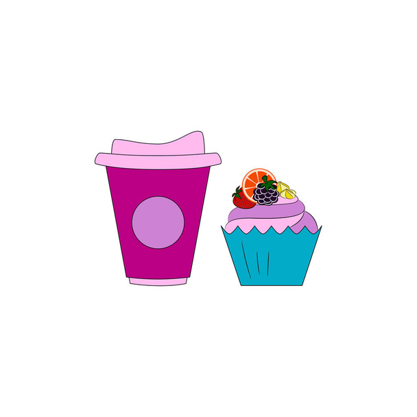 Muffin with cream and fruits. Coffee or tea with dessert. - Vector, Image
