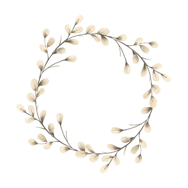 Watercolor wreath. Floral frame. Leaves, leaf, branches. Hand drawn illustration. Design for wedding invitations, greeting cards, cards - Fotografie, Obrázek