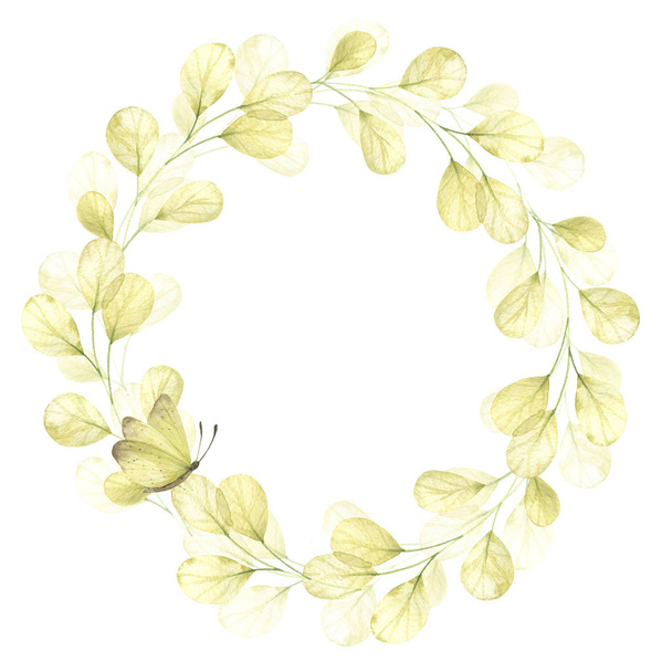 Watercolor wreath. Floral frame. Leaves, leaf, branches. Hand drawn illustration. Design for wedding invitations, greeting cards, cards - Fotó, kép