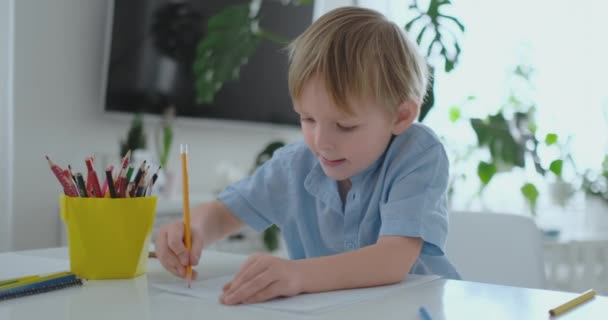 Un niño pequeño sentado en la mesa dibuja un dibujo a lápiz en diferentes colores
 - Metraje, vídeo