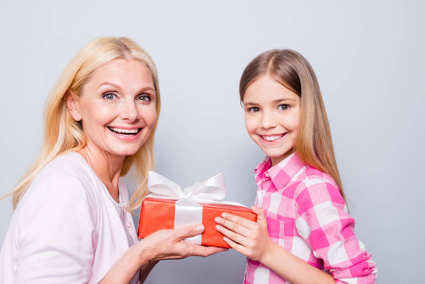 Close up side profile photo blond hair she her granny little granddaughter hold large big giftbox amazed look on camera toothy wear pink plaid checkered shirt sweater isolated grey background - 写真・画像