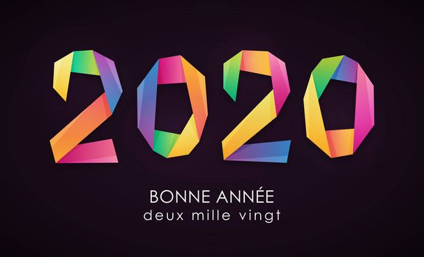 Happy New Year 2020 colorful card in french, with origami style numbers. - Vector, Image