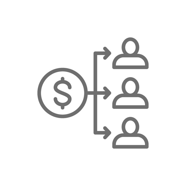 Income distribution, dividend payment, salary, money coin with people line icon. - Vector, Image