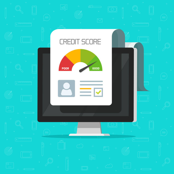 Credit score online report document on computer screen, flat cartoon digital good history ranking loan record on pc display, modern icon isolated clipart - Διάνυσμα, εικόνα