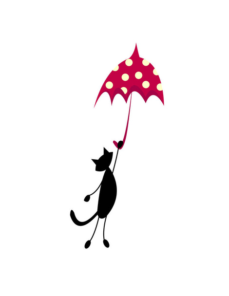 μαύρη γάτα, που φέρουν σε μια κόκκινη ομπρέλα. διάνυσμα απομονώσει. - Διάνυσμα, εικόνα
