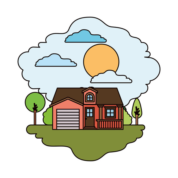 white background with colorful scene of natural landscape and facade house with garage and attic in sunny day - Vector, Image