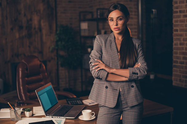 Close up photo beautiful she her business lady long hair chief friendly self-confident little coffee break arms crossed standing modern comfort office wear formal wear specs checkered plaid suit - Valokuva, kuva