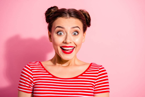 Close up photo funky beautiful she her lady pretty hairdo two buns not believe such luck eyes big mouth opened ecstatic bright pomade wear casual striped red white t-shirt isolated pink background - Foto, Imagem
