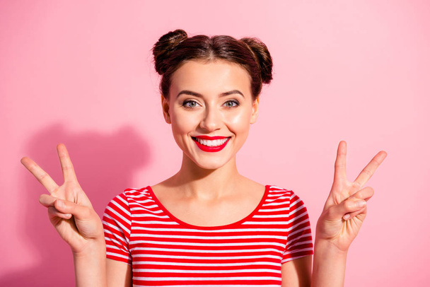 Close-up portrait of her she nice-looking cute charming attractive lovely cheerful cheery optimistic teen girl showing double v-sign isolated over pink pastel background - Fotoğraf, Görsel