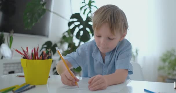 A boy in a blue t-shirt sitting in the kitchen at the table draws a pencil doing homework preschool training - Video