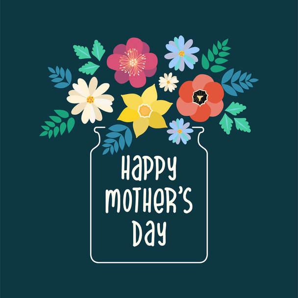 Boldog anyák napja tipográfiai betűk poszter háttér virágos keret. Szöveg és lapos virágok vázában dekorációval. Anyák napja üdvözlés kártya, képeslap, sablon banner. Vektor tavaszi illusztráció. - Vektor, kép