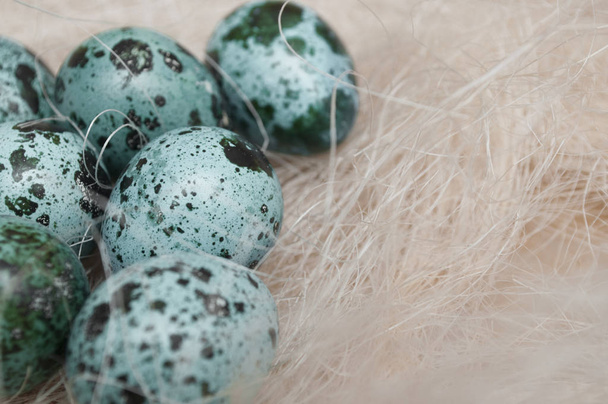 Quail eggs in straw nest  - Fotoğraf, Görsel