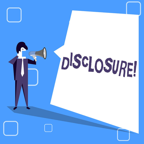 Handwriting text writing Disclosure. Concept meaning The action of making New or Secret Confidential information known Businessman Shouting on Megaphone and Blank White Uneven Shape Speech Bubble. - Photo, Image