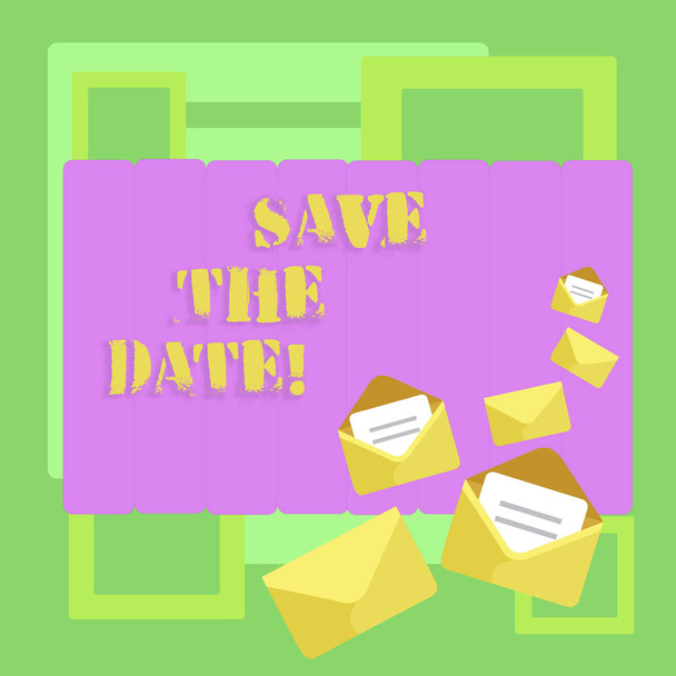 Conceptual hand writing showing Save The Date. Business photo text Organizing events well make day special by event organizers Closed and Open Envelopes with Letter on Color Stationery. - Photo, Image