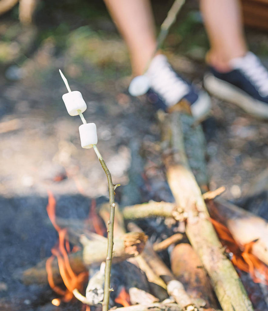 Camp tradition. Marshmallows on stick with bonfire and smoke on background. How to roast marshmallows. Roasty, toasty marshmallows such quintessential taste of picnic. Holding marshmallow on stick - Foto, immagini