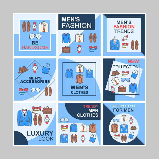 Mens fashion blog social media posts mockups pack. Clothes store. Advertising web banner design template. Social media kit booster, content layout. Isolated promotion posters with frames, linear icons - Vector, Image