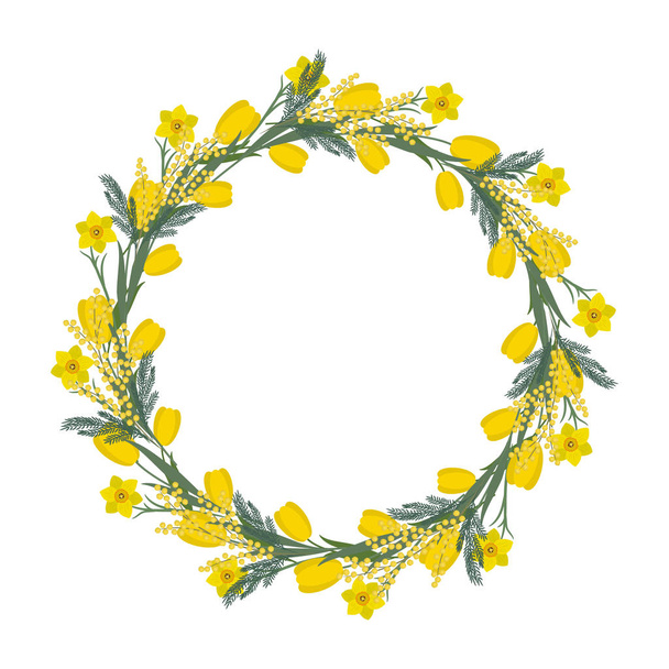 Bahar çiçekleri gelen yuvarlak çerçeve çiçek. Lale, nergis ve Mimoza beyaz zemin üzerine sarı çiçekler. Tebrik kartı şablonu. Projelerinde bir tasarım öğesi olarak kullanılabilir. Vektör - Vektör, Görsel