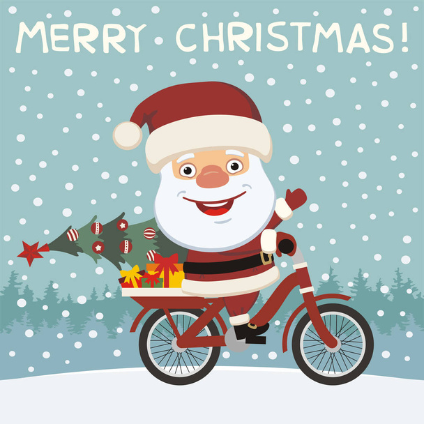  Merry Christmas Greeting card with cartoon character of Santa Claus on bicycle with gifts and tree at snowy meadow  - Vector, imagen