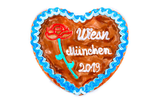 Oktoberfest Munich 2019 Gingerbread heart with white isolated ba - Photo, Image