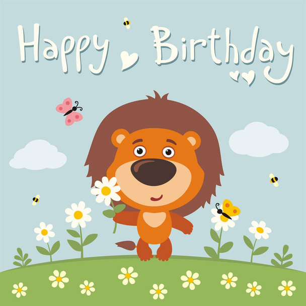 greeting card with cute funny cartoon character of lion with chamomile flower on meadow with text Happy Birthday - Vektor, kép