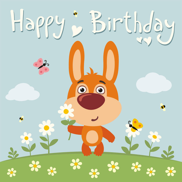 greeting card with cute funny cartoon character of rabbit with chamomile flower on meadow with text Happy Birthday - ベクター画像
