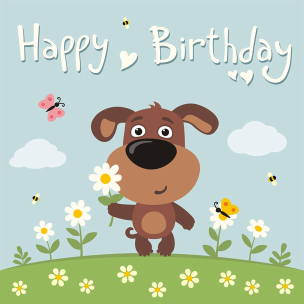 greeting card with cute funny cartoon character of puppy with chamomile flower on meadow with text Happy Birthday - Wektor, obraz