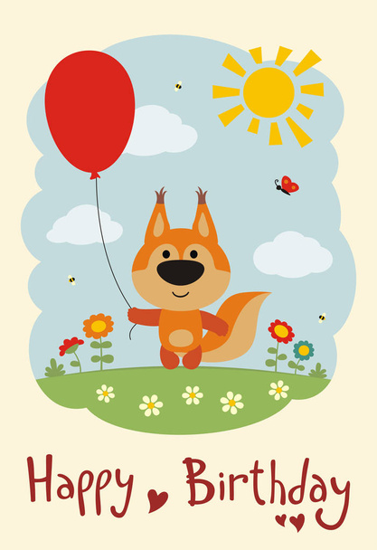greeting card with cute funny cartoon character of squirrel with red balloon on flower meadow at sunny day and text Happy birthday - Vector, Image