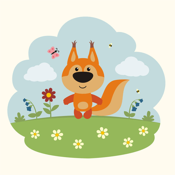 greeting card with funny cartoon character of squirrel on flower meadow at sunny day  - Vector, Imagen