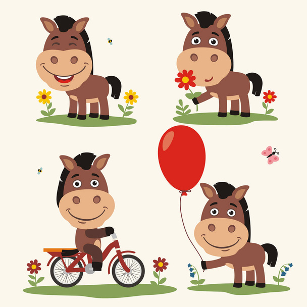 Set of cute cartoon characters of horses with balloon and flower on bicycle  - Vector, Imagen