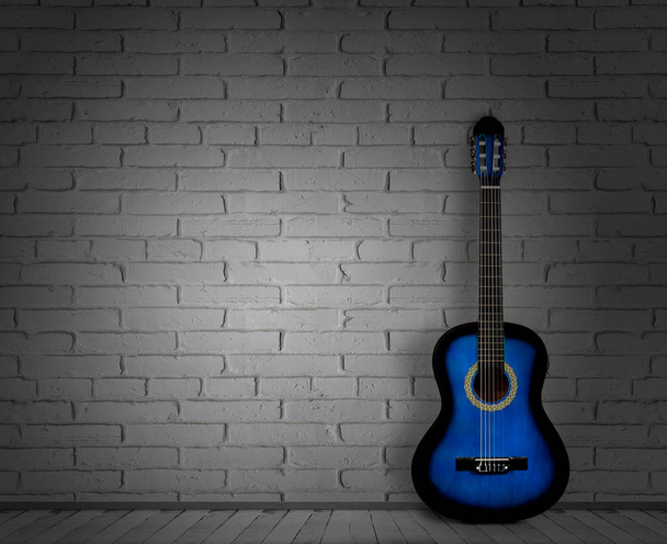 Akustikgitarre weißer Hintergrund Wand Schatten - Foto, Bild