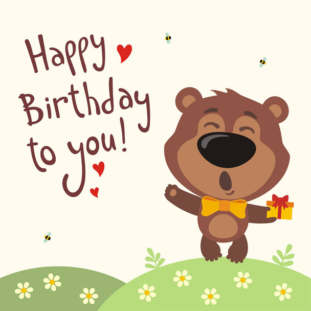 greeting card with cute funny cartoon character of bear with gift on meadow singing Happy birthday song  - Vektor, obrázek