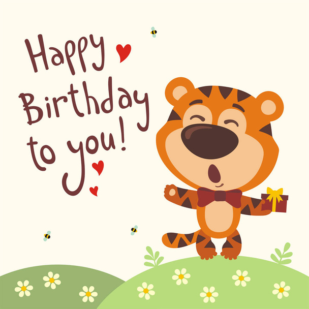 tarjeta de felicitación con lindo personaje divertido de dibujos animados de tigre con regalo en el prado cantando Feliz canción de cumpleaños
  - Vector, imagen