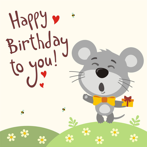greeting card with cute funny cartoon character of mouse with gift on meadow singing Happy birthday song  - Vector, Imagen