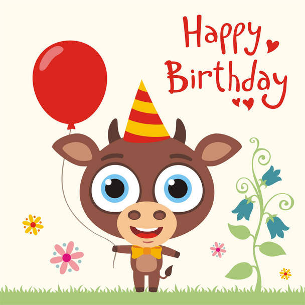 greeting card with cute funny cartoon character of cow with big eyes holding balloon on meadow and text Happy birthday - Вектор, зображення