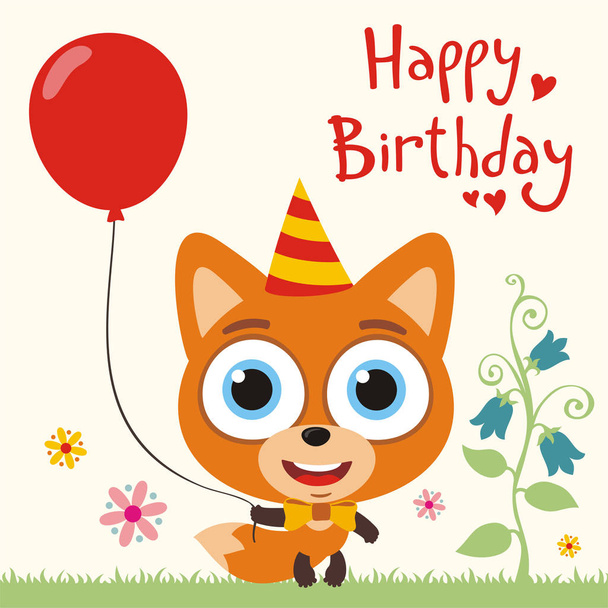 greeting card with cute funny cartoon character of fox with big eyes holding balloon on meadow and text Happy birthday - Vektor, obrázek