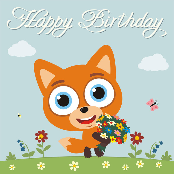 greeting card with cute funny cartoon character of fox with big eyes holding flower bouquet on meadow and text Happy birthday - Vektor, obrázek