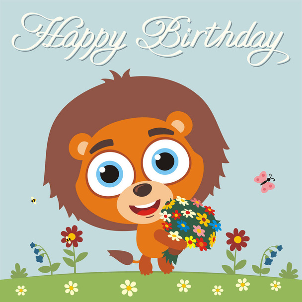 greeting card with cute funny cartoon character of lion with big eyes holding flower bouquet on meadow and text Happy birthday - Vektor, kép