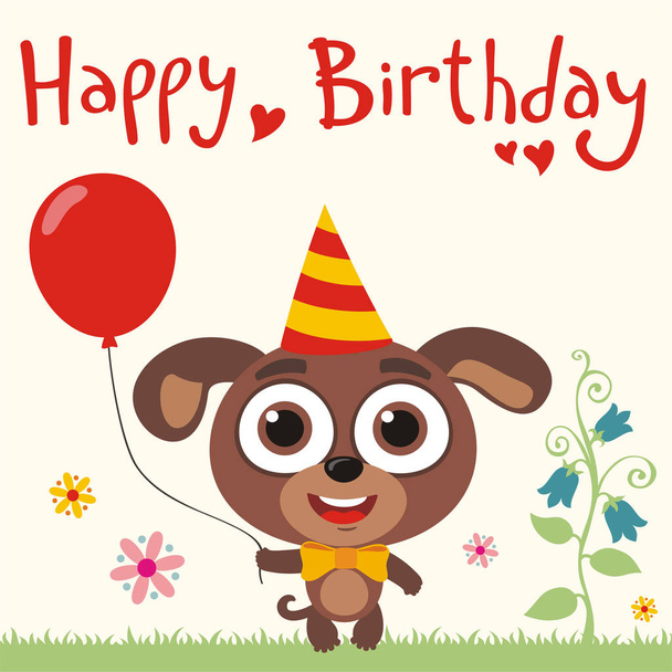greeting card with cute funny cartoon character of puppy with big eyes holding balloon on meadow and text Happy birthday - Vektor, obrázek