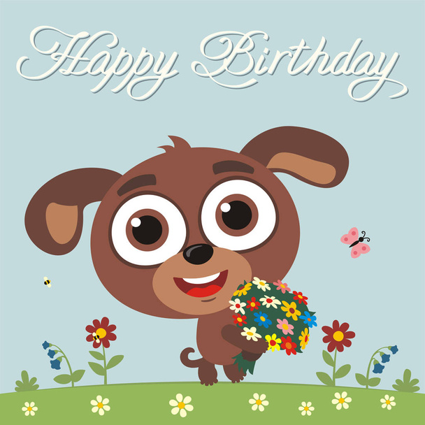 greeting card with cute funny cartoon character of dog with big eyes holding flower bouquet on meadow and text Happy birthday - Вектор, зображення