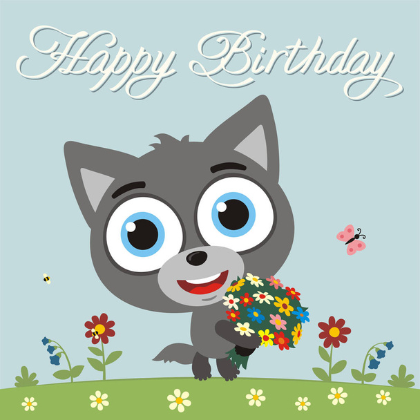 greeting card with cute funny cartoon character of wolf with big eyes holding flower bouquet on meadow and text Happy birthday - Vektor, obrázek