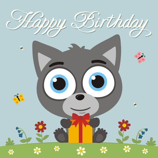 greeting card with cute funny cartoon character of wolf with big eyes and birthday gift on meadow - Vektor, obrázek