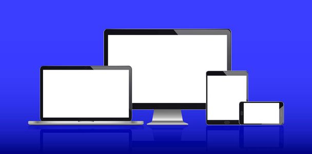 Realistic set of monitor, laptop, tablet, smartphone on a blue background. - Vector, Image