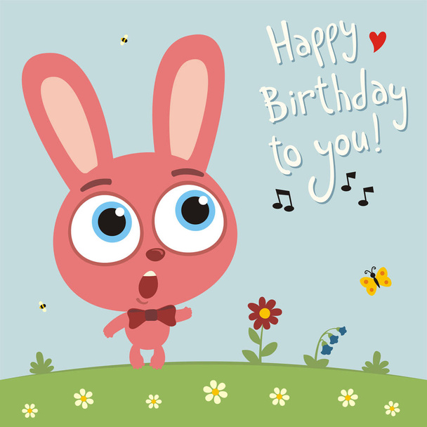 greeting card with cute funny cartoon character of rabbit with big eyes singing Happy birthday song on meadow - Vektori, kuva