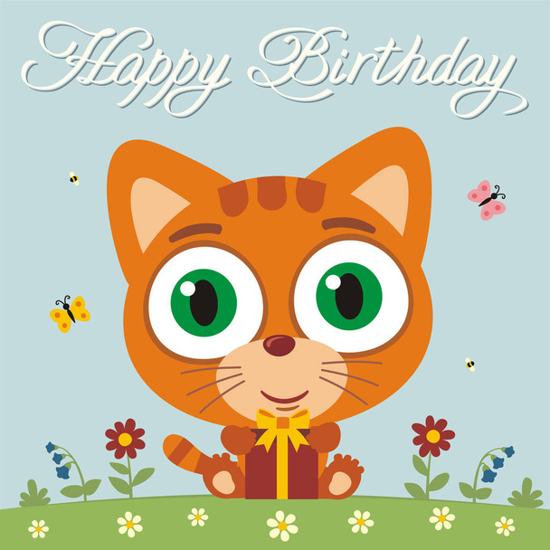 greeting card with cute funny cartoon character of kitten with big eyes and birthday gift on meadow - Vector, Image