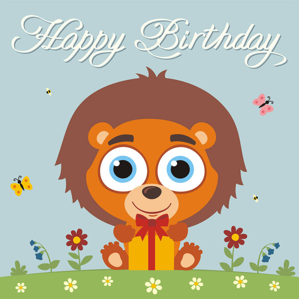 greeting card with cute funny cartoon character of lion with big eyes and birthday gift on meadow - ベクター画像