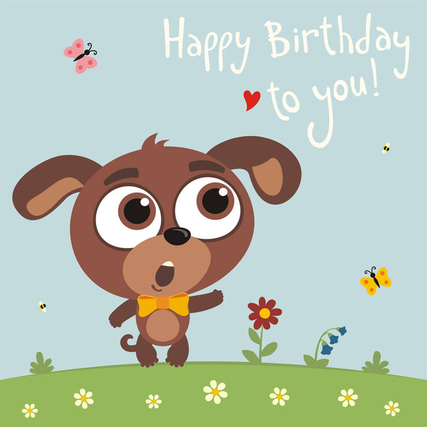 greeting card with cute funny cartoon character of dog with big eyes singing Happy birthday song on meadow - Vektor, obrázek