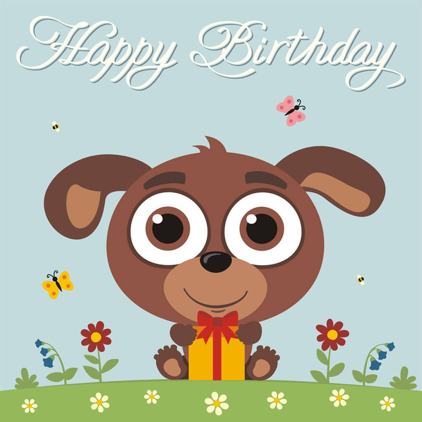 greeting card with cute funny cartoon character of puppy with big eyes and birthday gift on meadow - Вектор, зображення