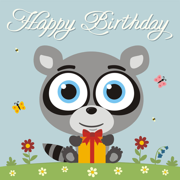 greeting card with cute funny cartoon character of raccoon with big eyes and birthday gift on meadow - Вектор, зображення