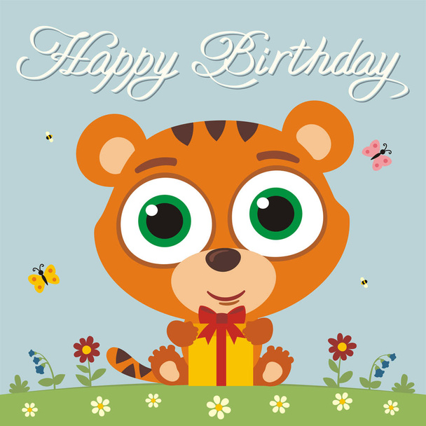 greeting card with cute funny cartoon character of tiger with big eyes and birthday gift on meadow - Vektör, Görsel