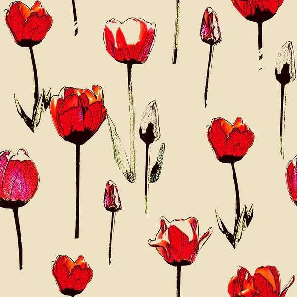 Seamless pattern with red tulips, vintage, grunge background - Foto, imagen